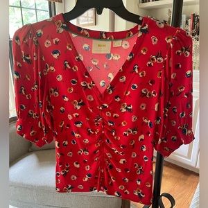 Mauve by Anthropologie red floral gathered sleeve top Small (4)